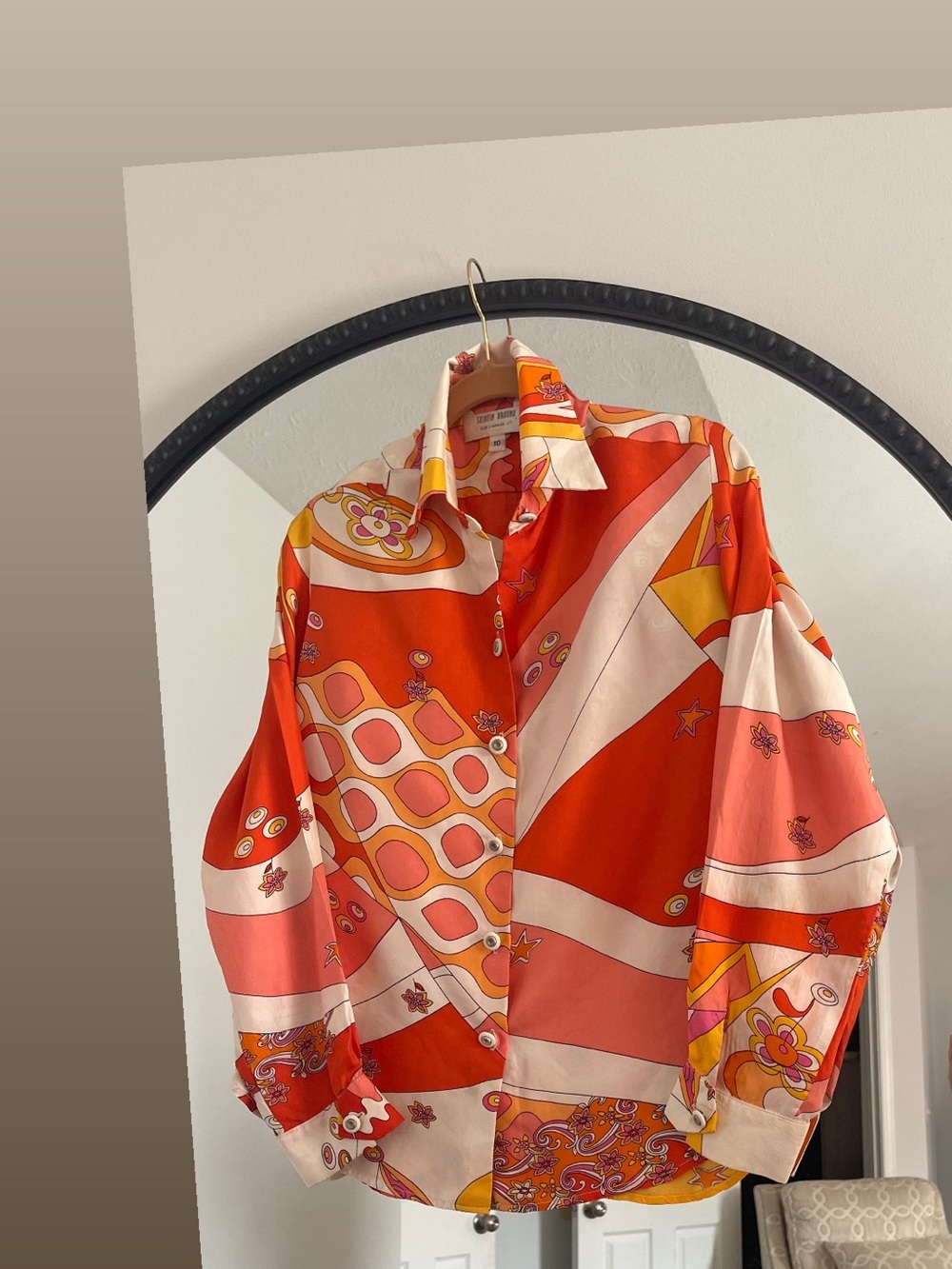Skirtin Around Retro Orange Pink Patterned Button-Up Blouse